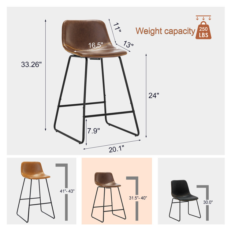 Whiskey Brown Faux Leather Counter Stools with Iron Frame, Set of 2