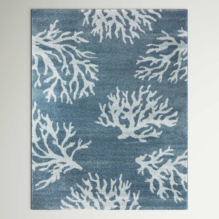 Blue Coral Print Reversible Synthetic Area Rug 5' x 7'