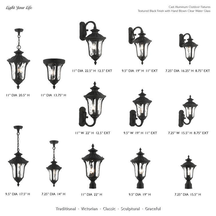 Artisanal Textured Black 3-Light Outdoor Lantern Sconce with Clear Water Glass