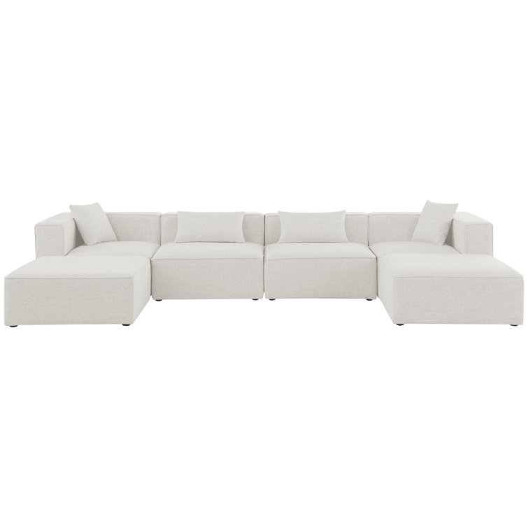 Cream Linen Six-Piece Modular Sectional Sofa