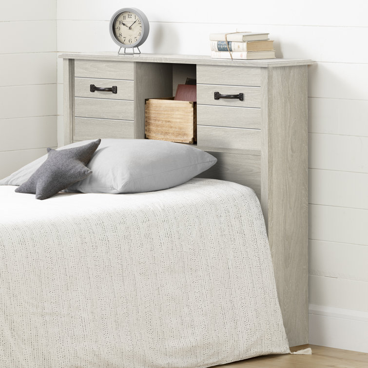 Winter Oak Twin Wood Bookcase Headboard with Storage