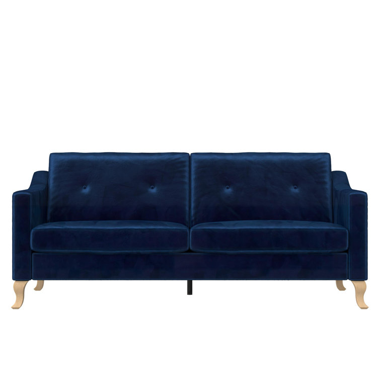 Luxe Blue Velvet Tufted Sofa with Sloped Arms and Wood Accents