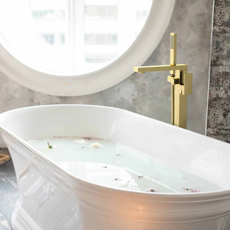 Brushed Gold Brass Floor Mount Tub Filler with Hand Shower