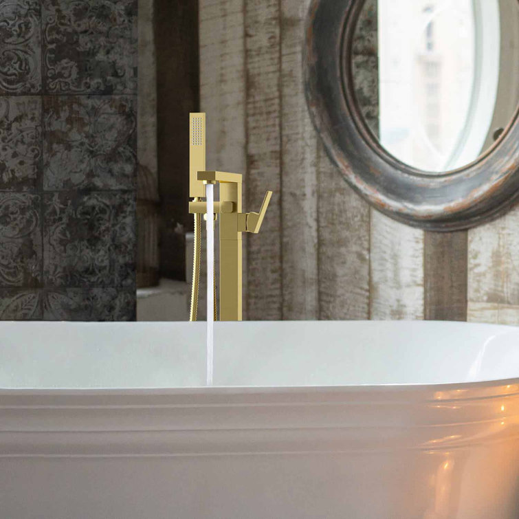 Brushed Gold Brass Floor Mount Tub Filler with Hand Shower