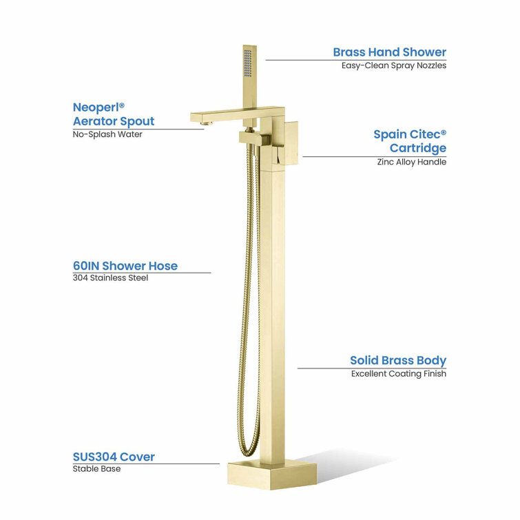 Brushed Gold Brass Floor Mount Tub Filler with Hand Shower