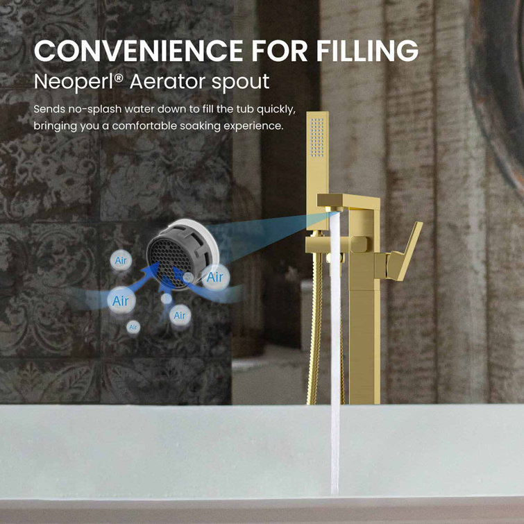 Brushed Gold Brass Floor Mount Tub Filler with Hand Shower