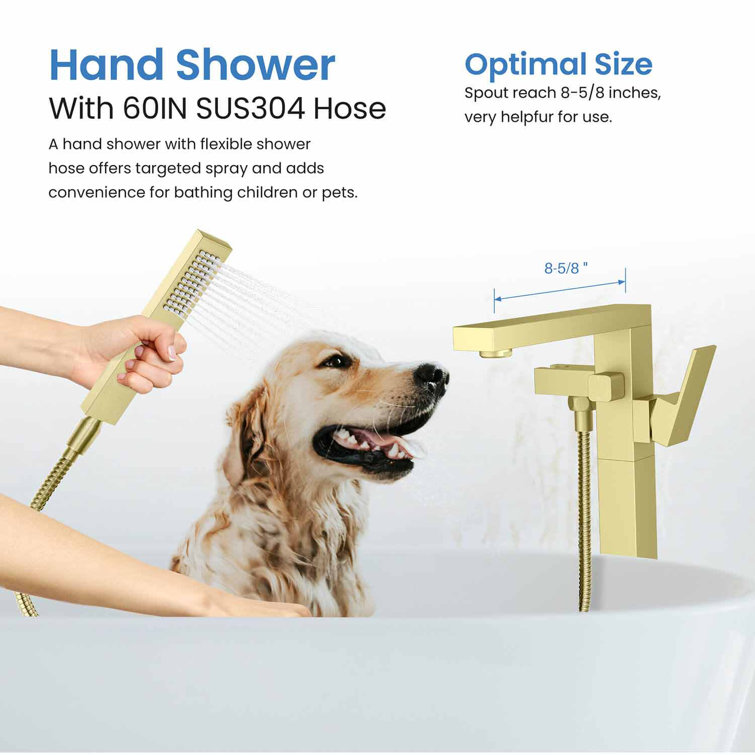 Brushed Gold Brass Floor Mount Tub Filler with Hand Shower