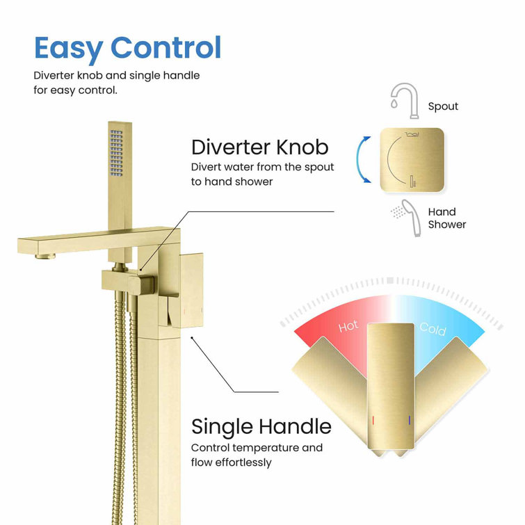 Brushed Gold Brass Floor Mount Tub Filler with Hand Shower