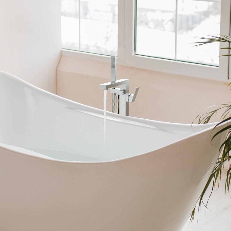 Chrome Cube Floor Mount Tub Filler with Hand Shower