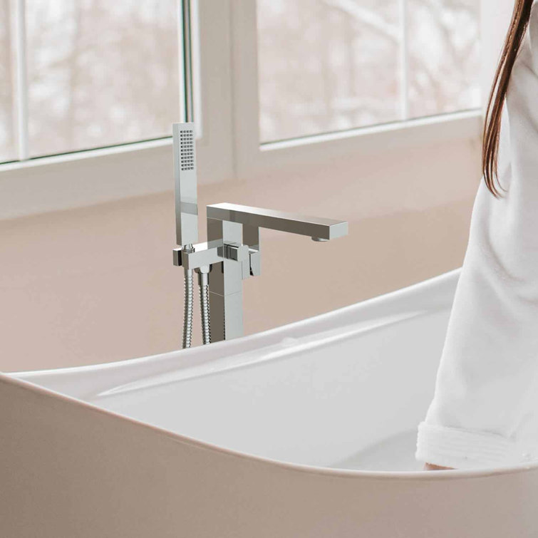 Chrome Cube Floor Mount Tub Filler with Hand Shower