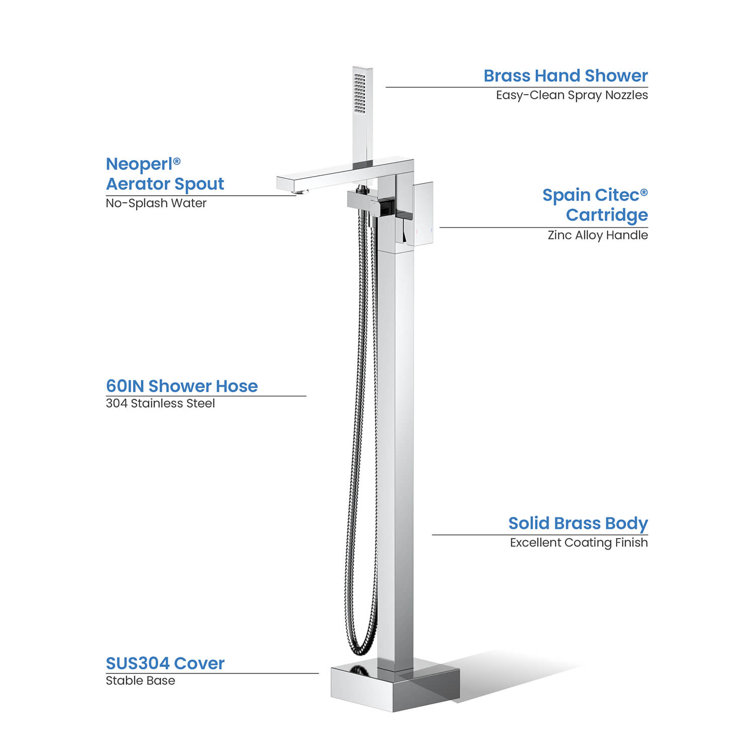 Chrome Cube Floor Mount Tub Filler with Hand Shower