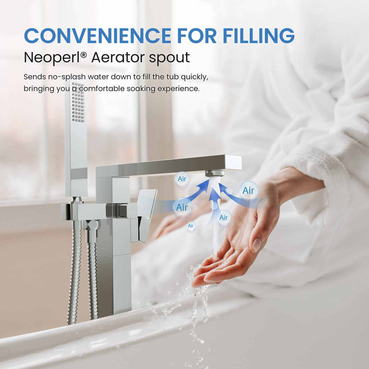 Chrome Cube Floor Mount Tub Filler with Hand Shower