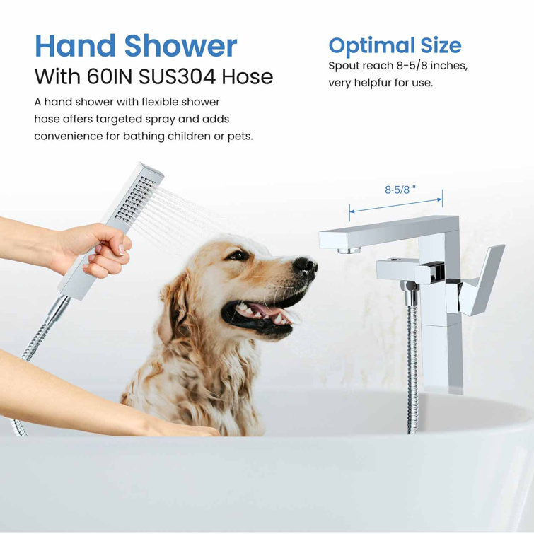 Chrome Cube Floor Mount Tub Filler with Hand Shower