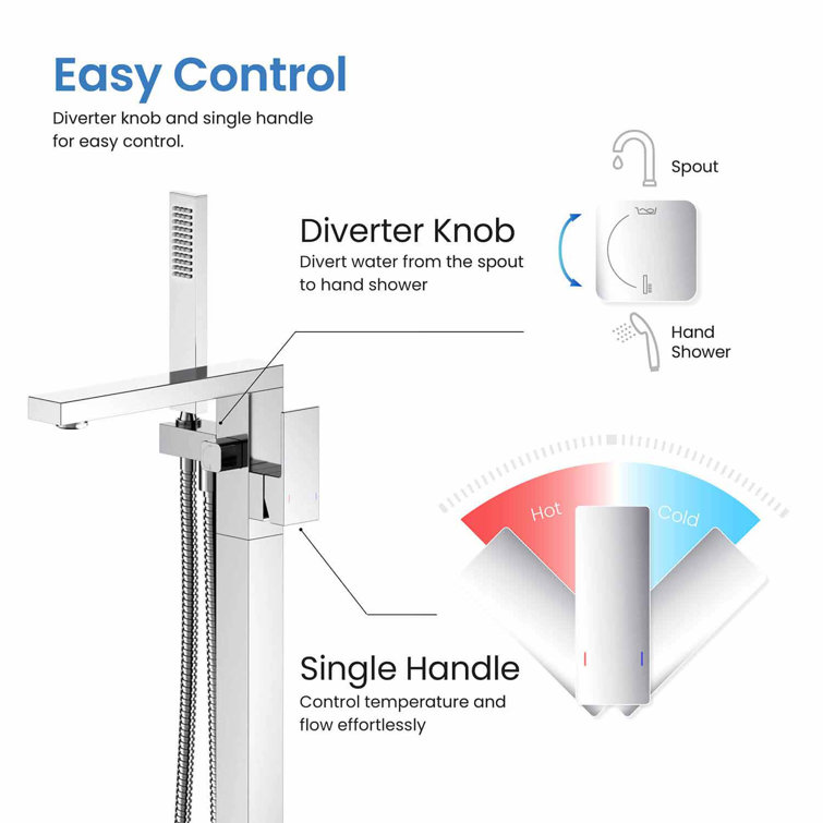 Chrome Cube Floor Mount Tub Filler with Hand Shower