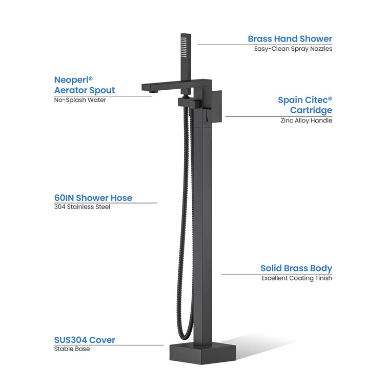 Matte Black Brass Floor Mount Tub Filler with Hand Shower