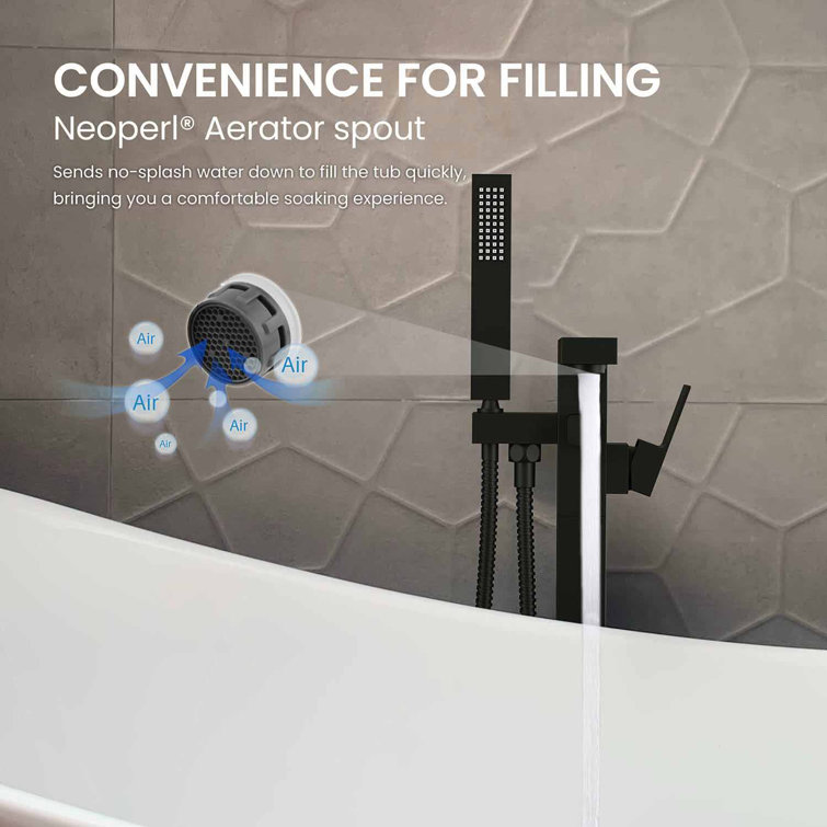 Matte Black Brass Floor Mount Tub Filler with Hand Shower