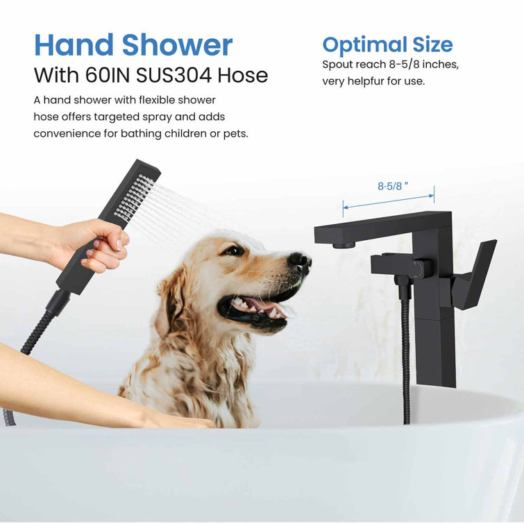 Matte Black Brass Floor Mount Tub Filler with Hand Shower
