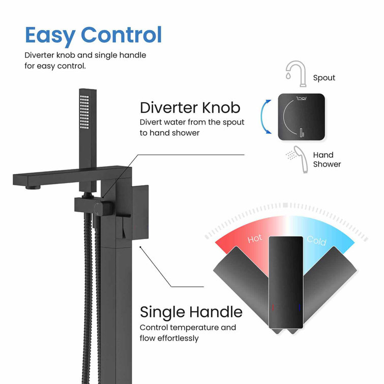 Matte Black Brass Floor Mount Tub Filler with Hand Shower
