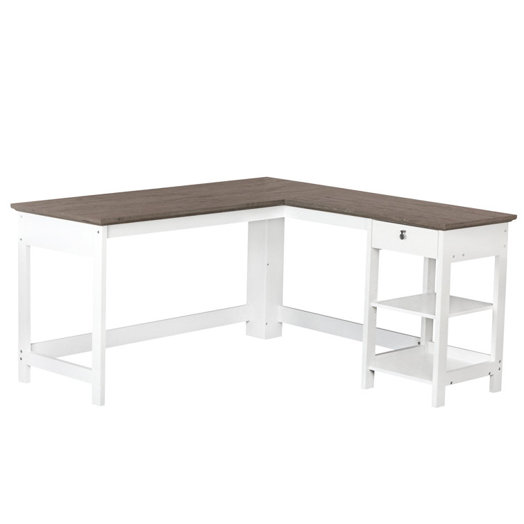 Finley White and Gray Oak L-Shaped Writing Desk with Drawer