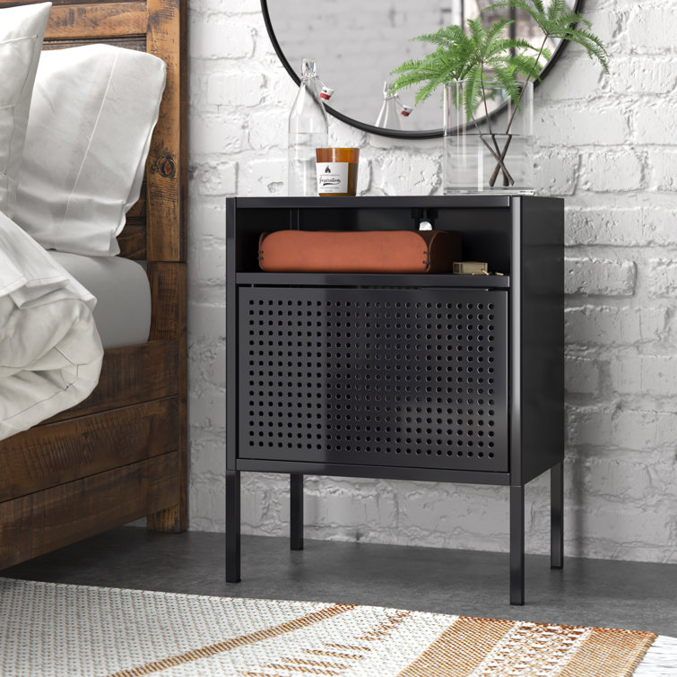 Gemma Black Metal Nightstand with USB Port and Open Shelf