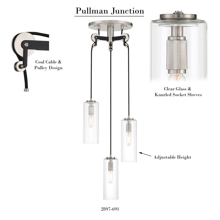 Clear Glass Brushed Nickel 3-Light Industrial Pendant