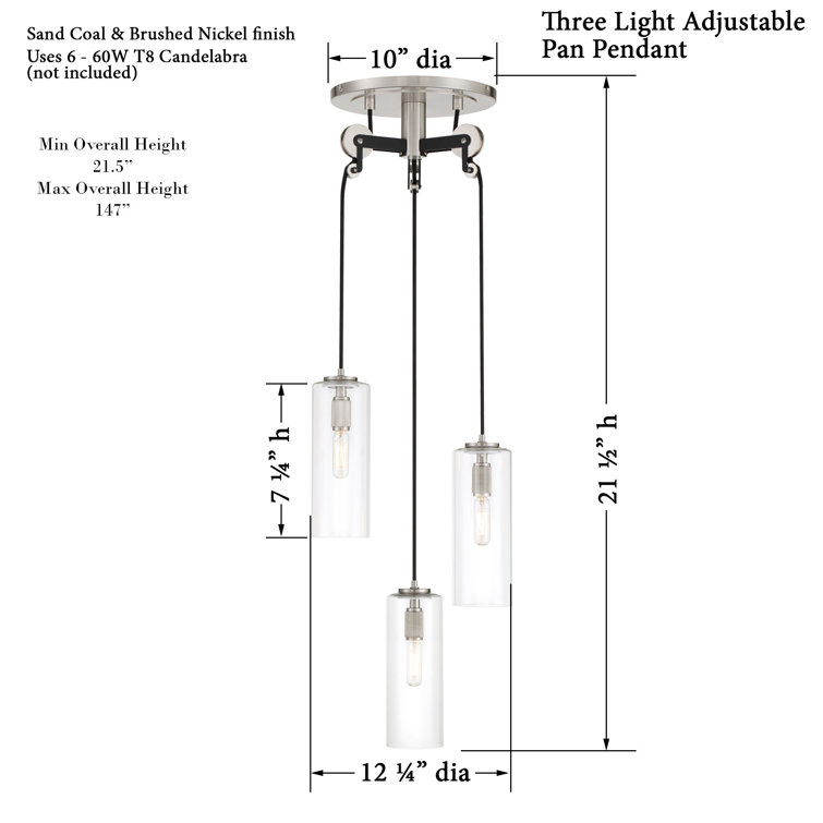 Clear Glass Brushed Nickel 3-Light Industrial Pendant