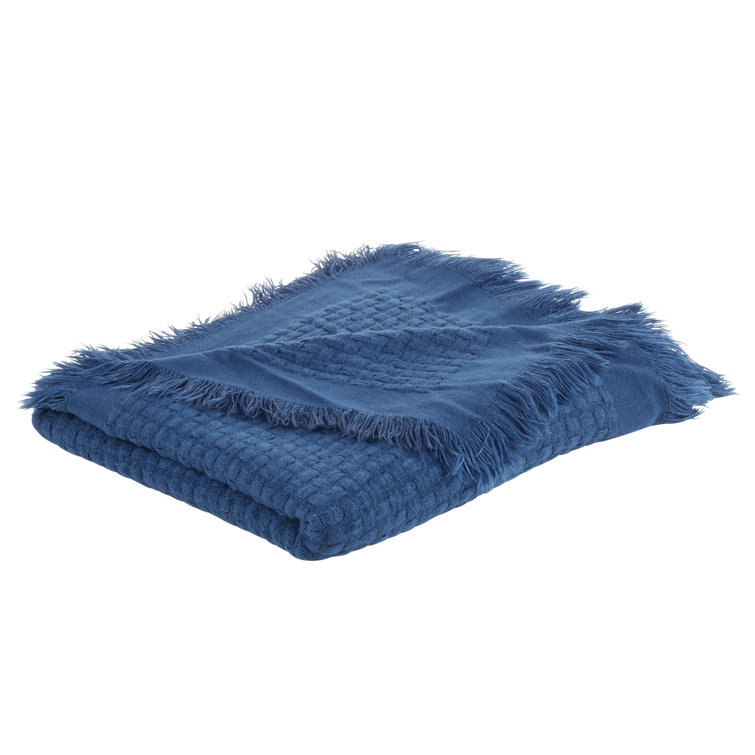 Navy Blue Cotton Waffle Weave Throw Blanket with Fringe