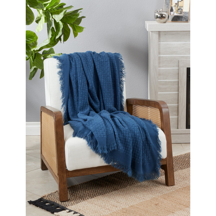 Navy Blue Cotton Waffle Weave Throw Blanket with Fringe
