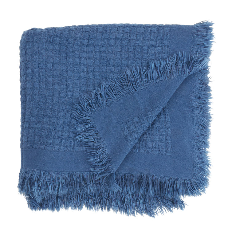 Navy Blue Cotton Waffle Weave Throw Blanket with Fringe