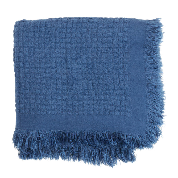 Navy Blue Cotton Waffle Weave Throw Blanket with Fringe