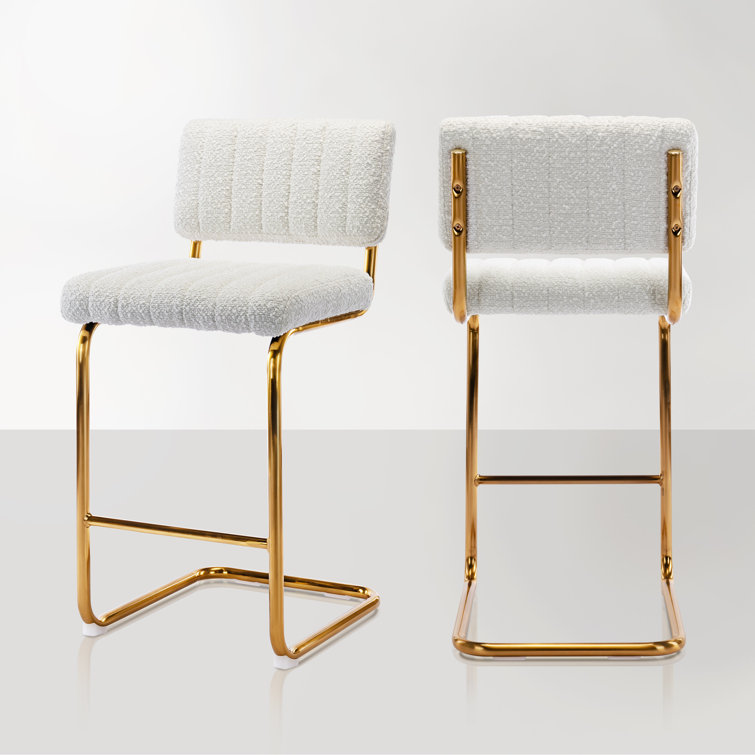 White Boucle Upholstered Counter Stools with Gold Metal Base, Set of 2