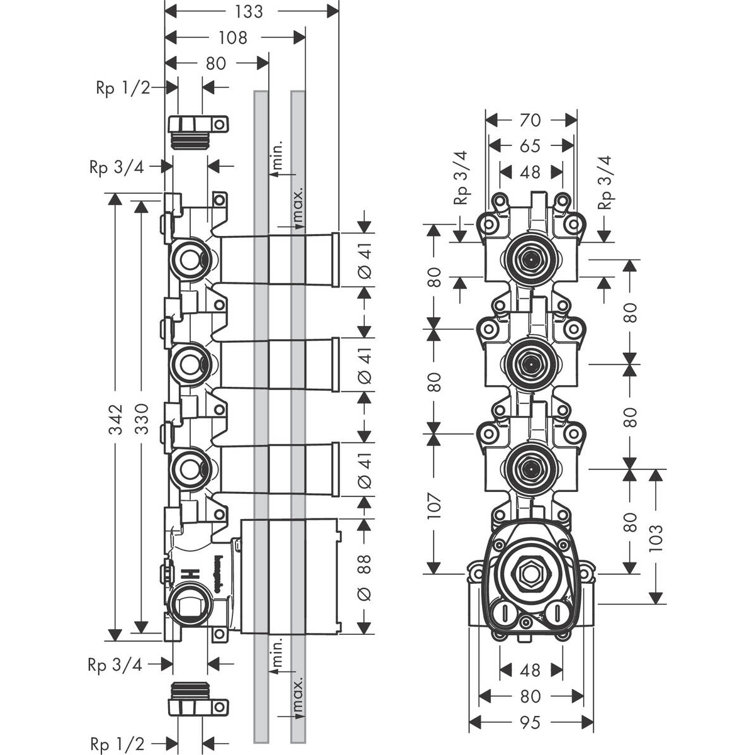 European Brass Thermostatic Shower Rough-In Valve Module