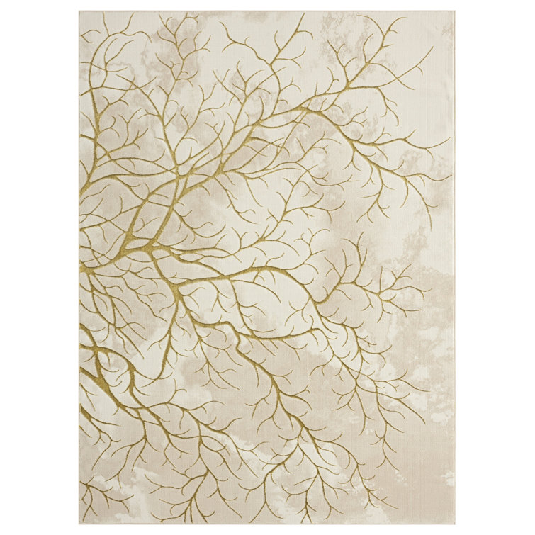 Beige and Gold Abstract Synthetic Area Rug