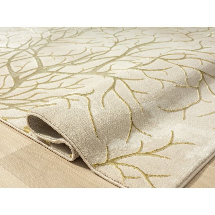 Beige and Gold Abstract Synthetic Area Rug