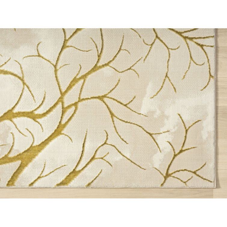 Beige and Gold Abstract Synthetic Area Rug