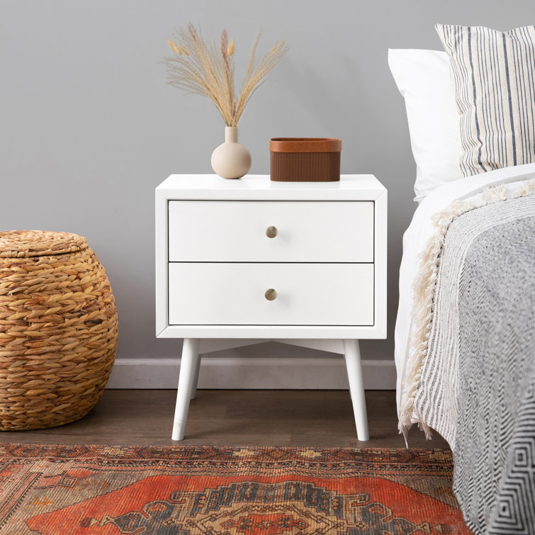 Warm White Mid-Century Modern 2-Drawer Nightstand with USB Port