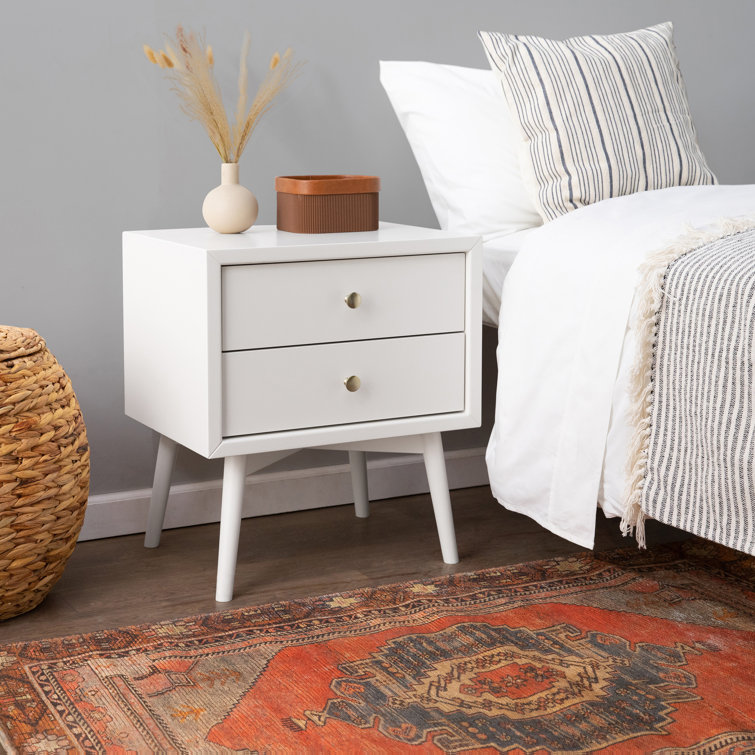 Warm White Mid-Century Modern 2-Drawer Nightstand with USB Port