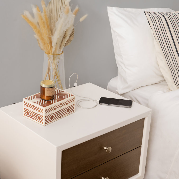 Palma Mid-Century Modern 2-Drawer Warm White/Walnut Nightstand with USB Port