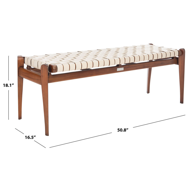 Dilan Sophisticated White Genuine Leather Bench with Mahogany Frame