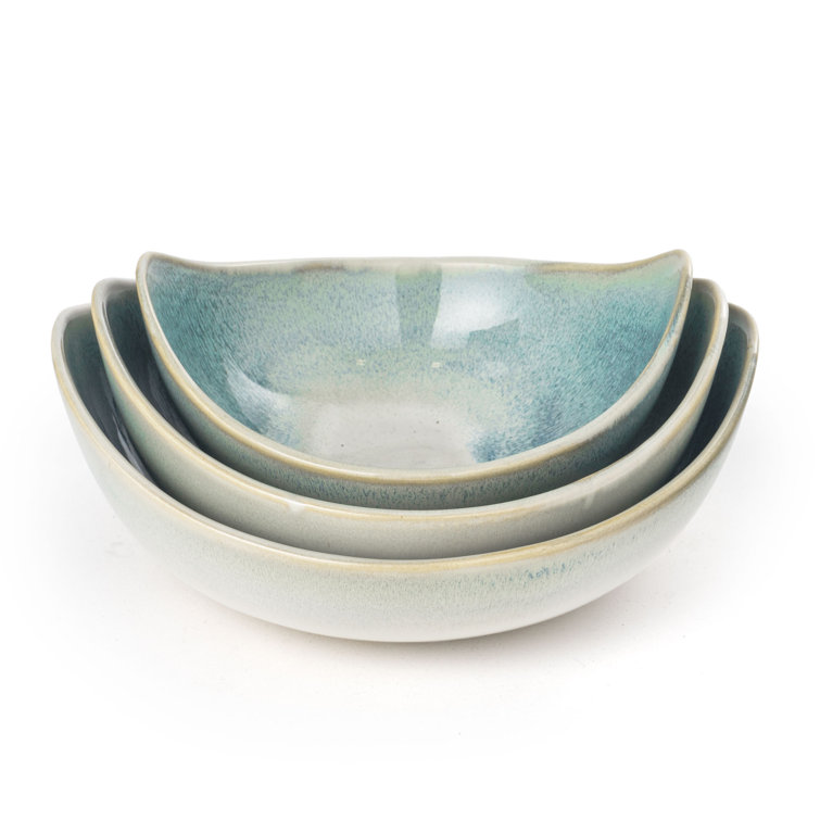 Coastal Charm Green and White Ceramic Nesting Bowls - Set of 3