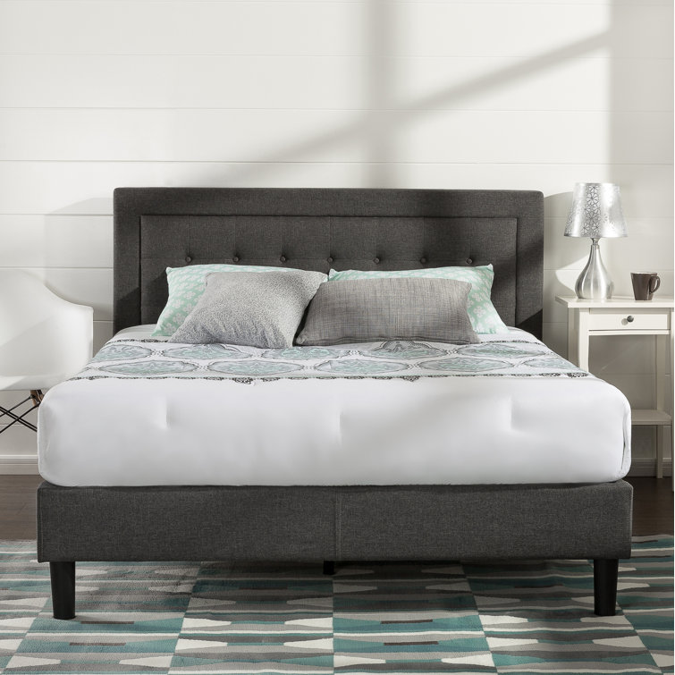 Dark Grey Queen Upholstered Platform Bed with Tufted Headboard