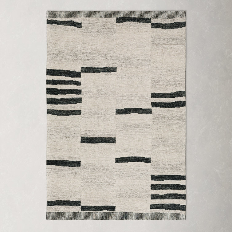 Hand-Tufted Cream and Black Wool Rectangular Rug