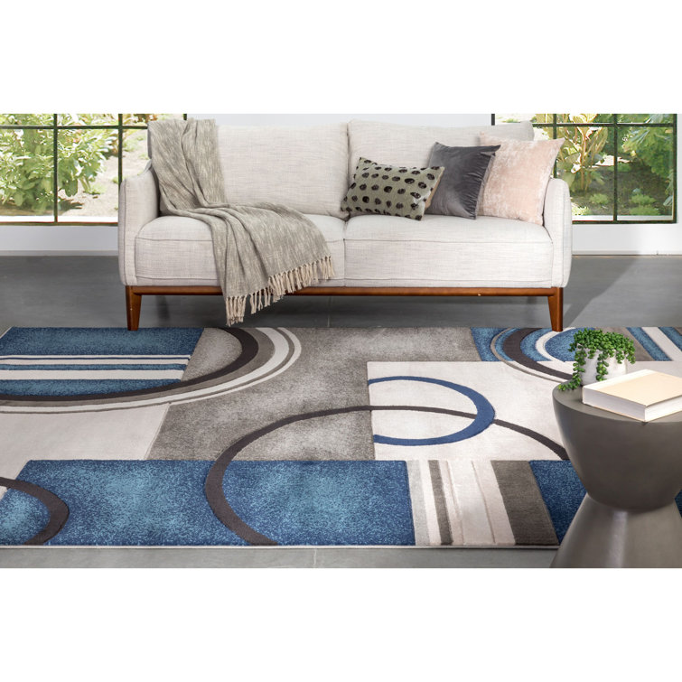 Dark Blue Geometric Synthetic Runner Rug