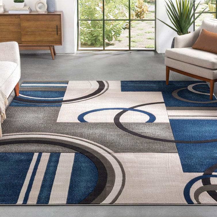 Dark Blue Geometric Synthetic Runner Rug