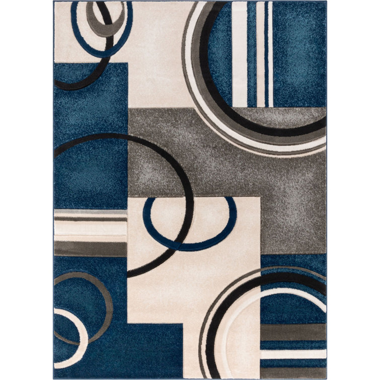 Dark Blue Geometric Synthetic Runner Rug