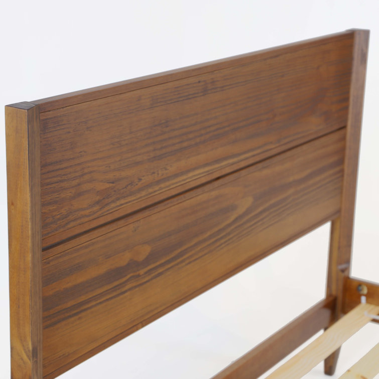 Brushed Walnut Full Size Mid Century Pine Platform Bed with Drawer