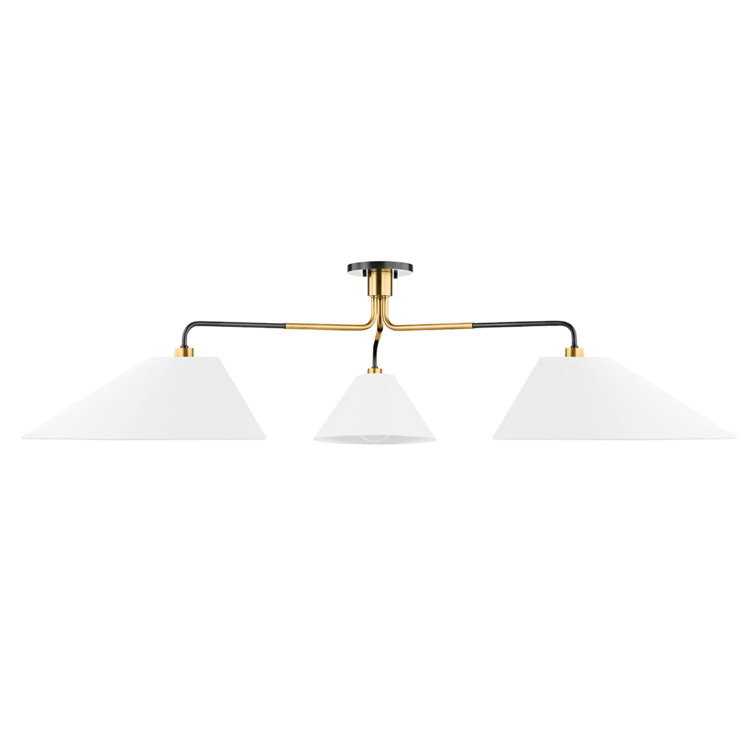 Elongated Aged Old Bronze 3-Light Chandelier with Linen Shades