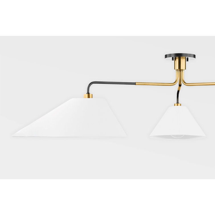 Elongated Aged Old Bronze 3-Light Chandelier with Linen Shades