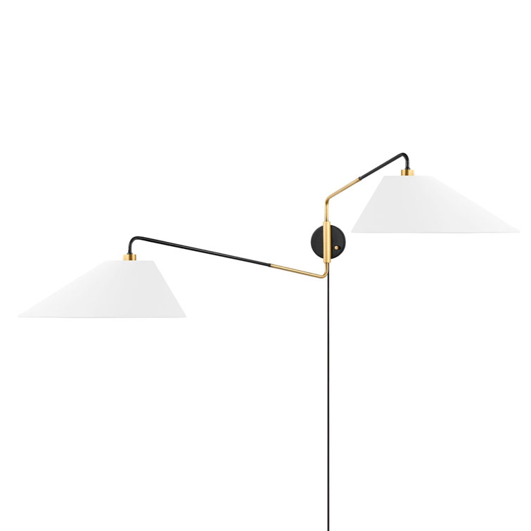 Elongated Linen Shade Duo Swing Arm Sconce in Aged Old Bronze