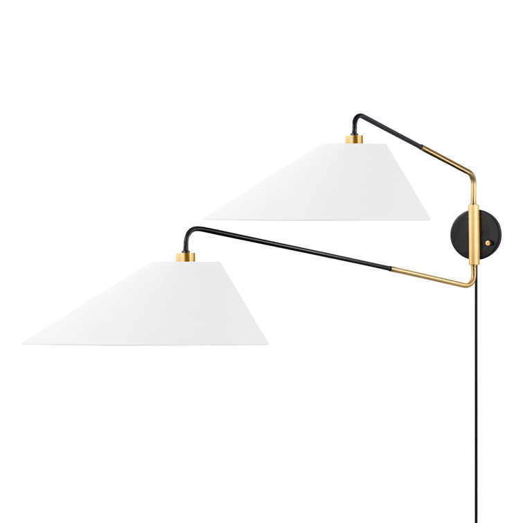 Elongated Linen Shade Duo Swing Arm Sconce in Aged Old Bronze